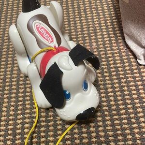 Charming White and Black Plush Dog Toy with Red Collar